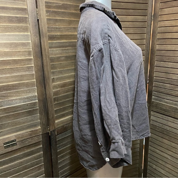 Sunday Morning Vivian Loungewear Lagenlook Button-Up Shirt 100% Linen Charcoal - Picture 3 of 11